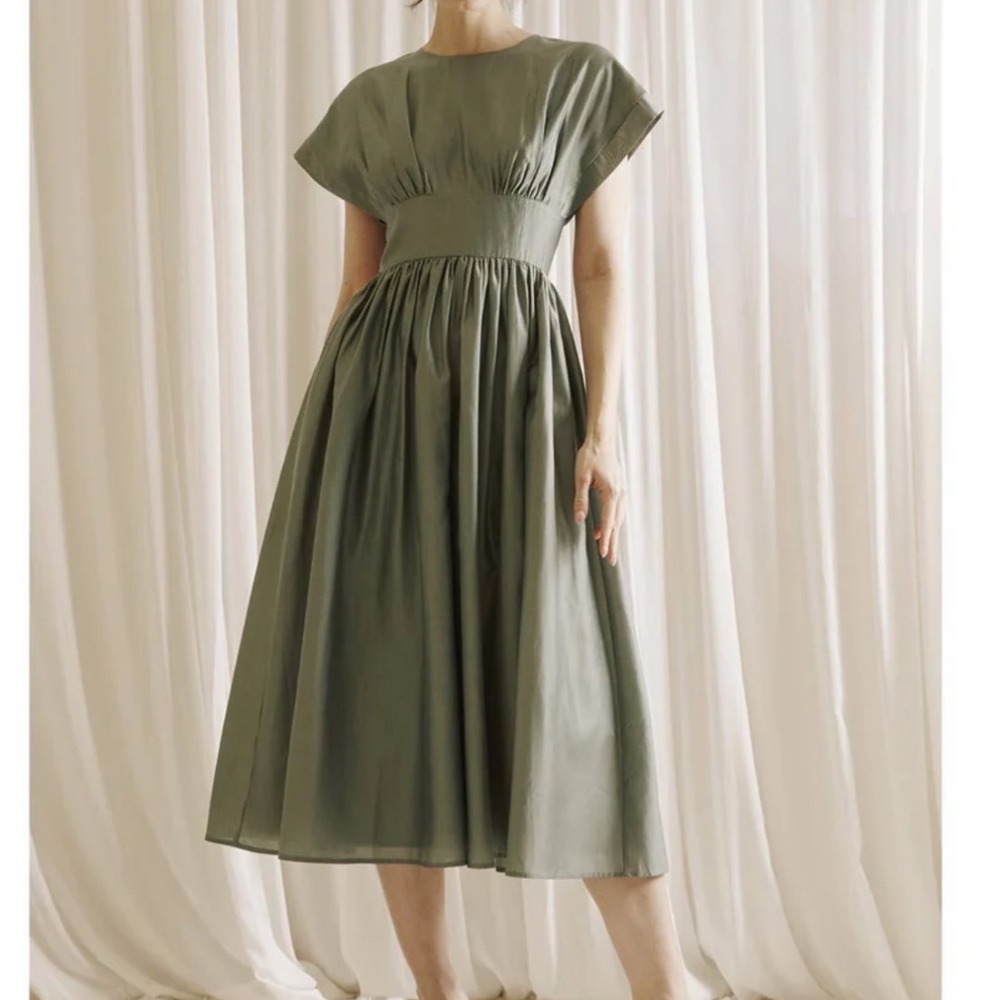 STORIA Olive Lover Dress Women's Large Sage Green Midi Dress NWT Pockets - Picture 2 of 12